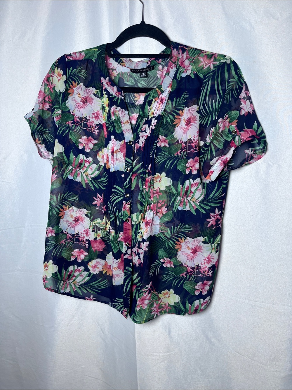 Sara Michelle Navy Tropical Floral Short-Sleeve Blouse
